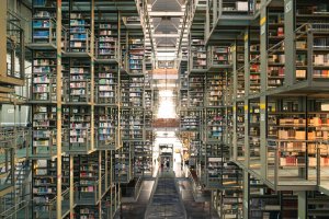 modern library interior with vast book stacks