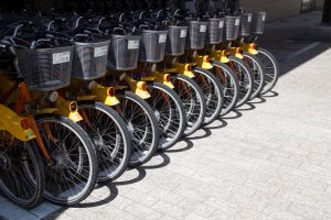 yellow bicycles parked side by side